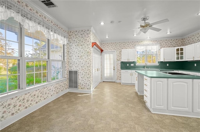 41298 Baytown Rd, Hammond, LA 70403 - kitchen with ornamental molding, wallpapered walls, white cabinets, a ceiling fan, and glass insert cabinets