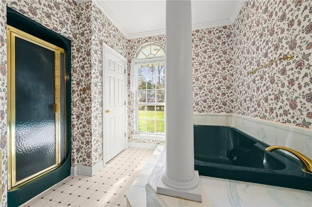 41298 Baytown Rd, Hammond, LA 70403 - full bath with wallpapered walls, crown molding, a whirlpool tub, tile patterned floors, and wainscoting