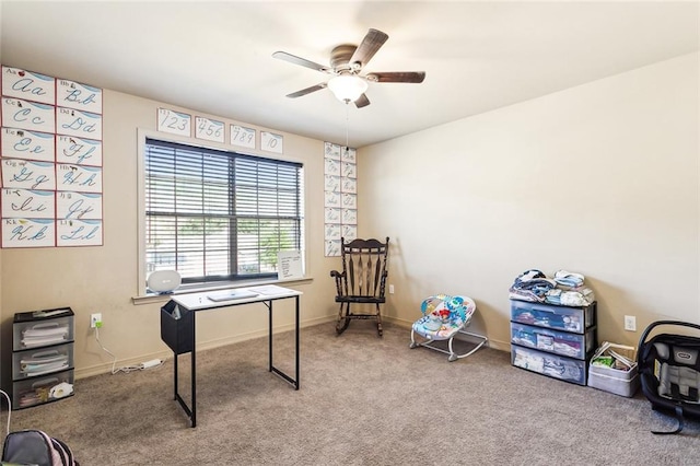 game room with ceiling fan and carpet