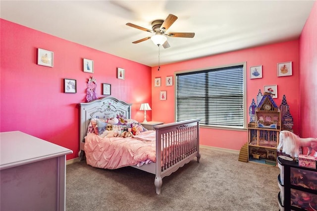 carpeted bedroom with ceiling fan