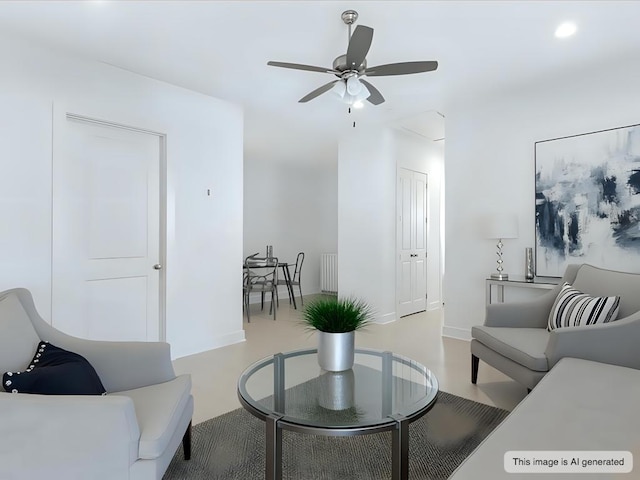 living room with recessed lighting, radiator heating unit, and a ceiling fan