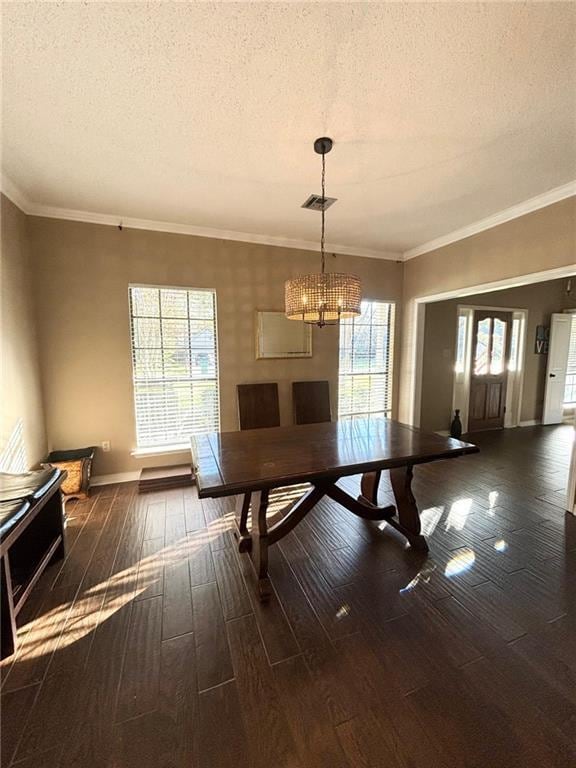 unfurnished dining area with crown molding, dark hardwood / wood-style flooring, and a textured ceiling