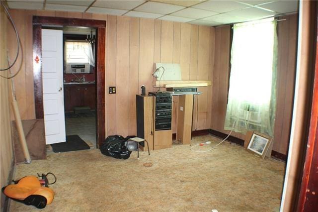 kitchen featuring carpet, a drop ceiling, and wooden walls