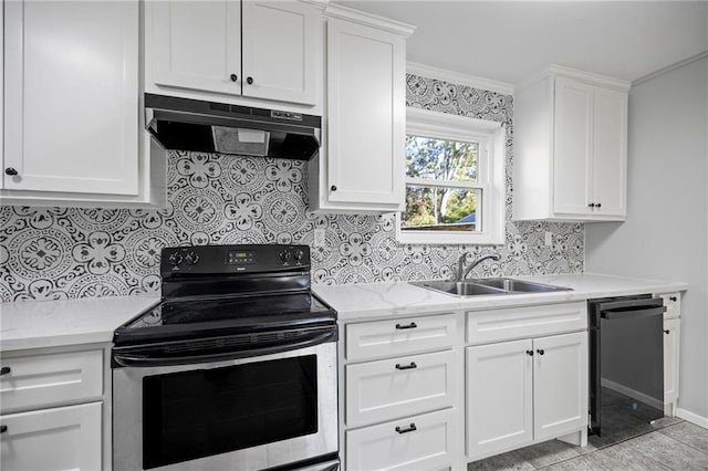 kitchen featuring white cabinetry, sink, black dishwasher, crown molding, and stainless steel range with electric stovetop