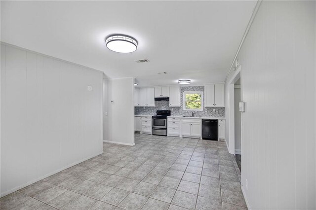 kitchen with white cabinetry, electric range, dishwasher, decorative backsplash, and light tile patterned flooring