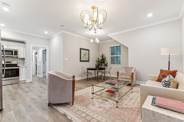 1908-10 St Louis St, New Orleans, LA 70112 - living room with light wood finished floors, a chandelier, recessed lighting, and ornamental molding