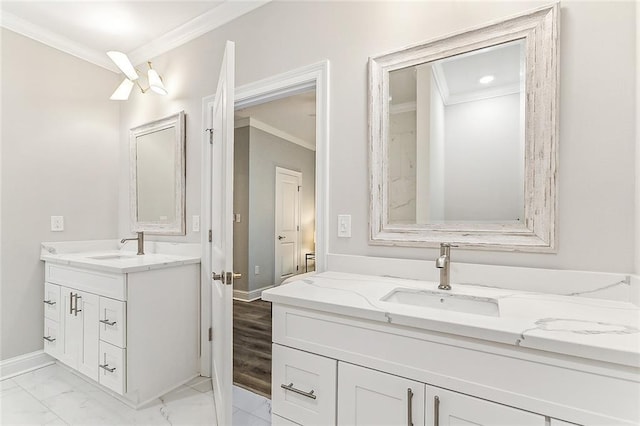 1908-10 St Louis St, New Orleans, LA 70112 - bathroom with crown molding, vanity, and marble look tile flooring