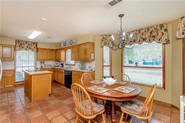 kitchen featuring dishwasher, sink, an inviting chandelier, tasteful backsplash, and a kitchen island