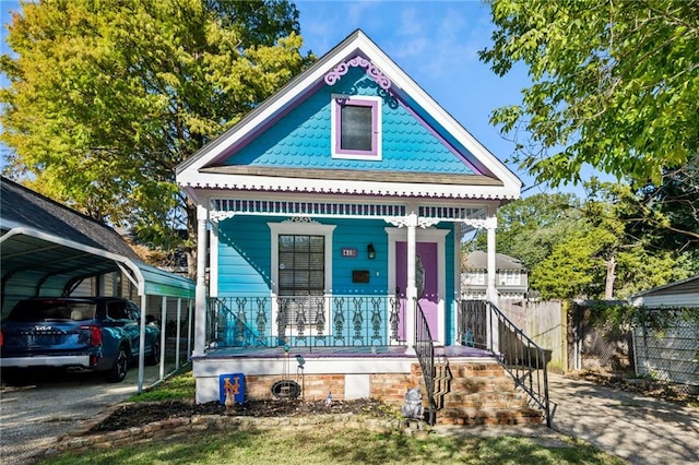 view of front of home with a porch and a carport