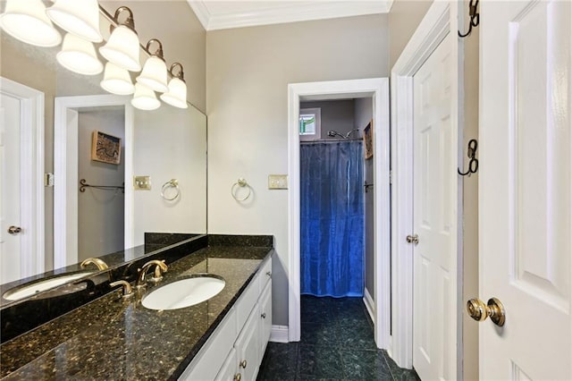 bathroom with tile patterned flooring, vanity, a shower with shower curtain, and ornamental molding