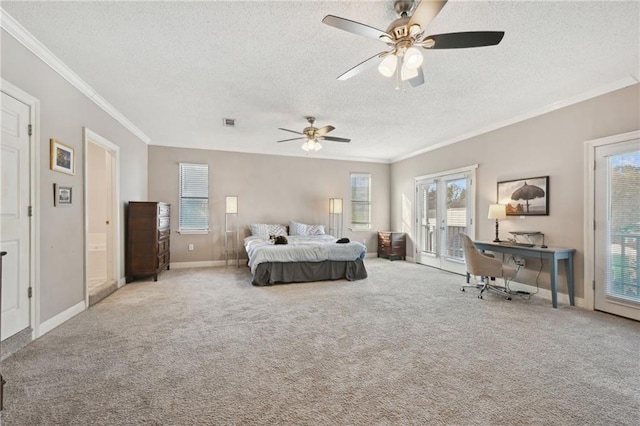 bedroom with light carpet, ceiling fan, access to exterior, ornamental molding, and a textured ceiling