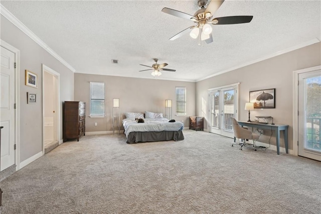 419 Romain St, Gretna, LA 70053 - carpeted bedroom with access to outside, a textured ceiling, crown molding, multiple windows, and a ceiling fan