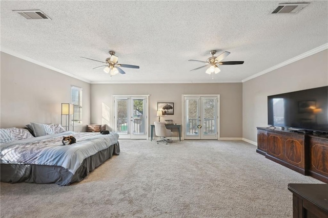 bedroom featuring ceiling fan, access to exterior, carpet floors, and french doors