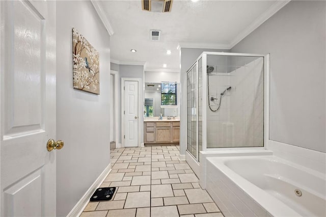 bathroom featuring vanity, ornamental molding, and independent shower and bath