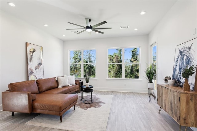 living room with ceiling fan and wood-type flooring