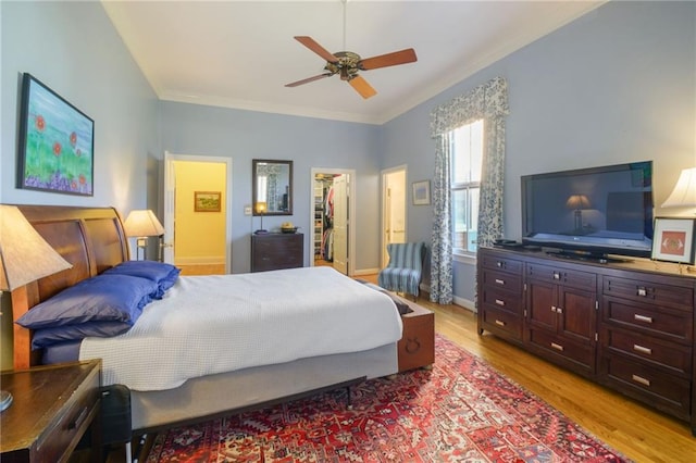 bedroom with ceiling fan, light hardwood / wood-style floors, a spacious closet, and ornamental molding