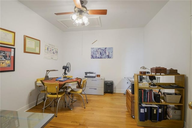 dining area with ceiling fan and light wood-type flooring