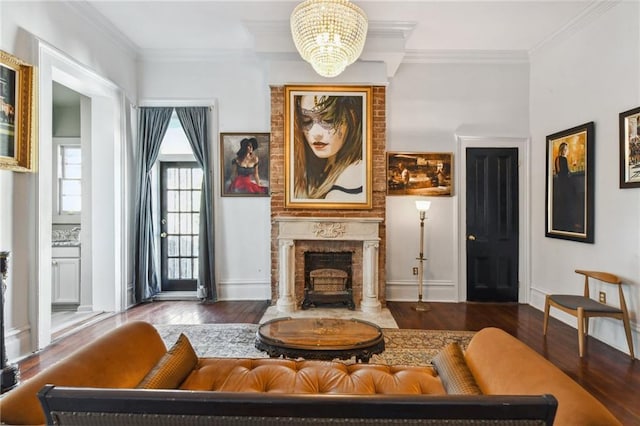 interior space featuring crown molding, hardwood / wood-style floors, and a fireplace