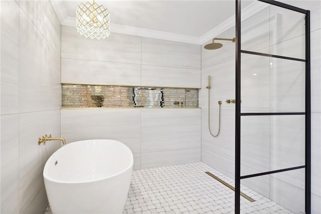 2914 Ridgeway Dr, Metairie, LA 70002 - full bathroom with a freestanding bath, tiled shower, and crown molding