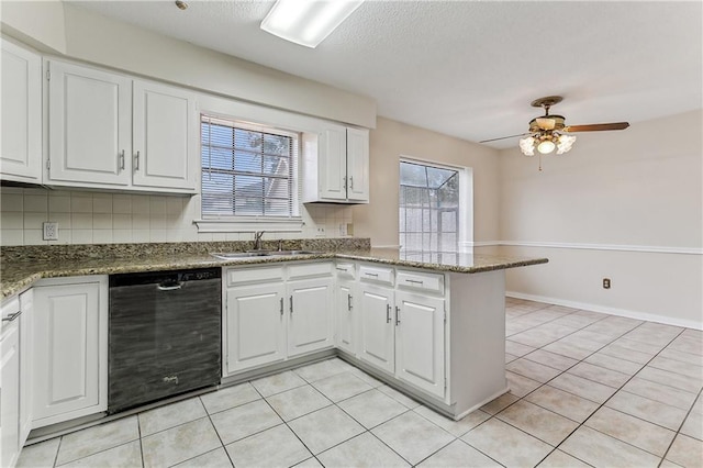 kitchen featuring sink, white cabinetry, dishwasher, kitchen peninsula, and dark stone counters