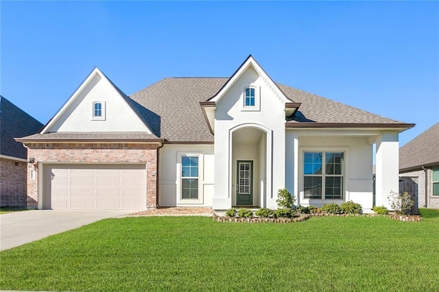 view of front of property with a front yard and a garage