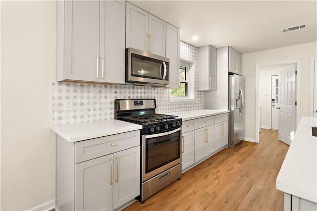 kitchen featuring decorative backsplash, light wood-type flooring, and appliances with stainless steel finishes