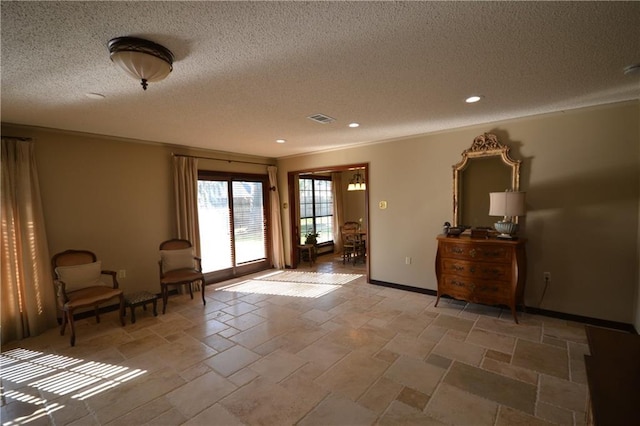 interior space with a textured ceiling