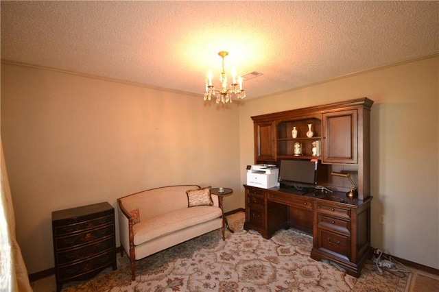 office featuring a chandelier and a textured ceiling