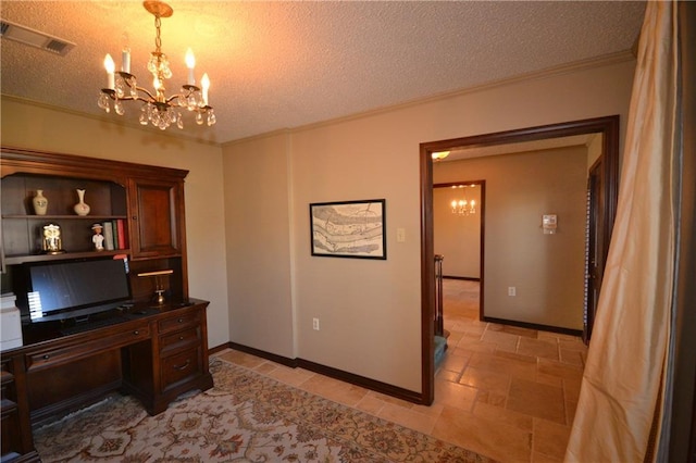 home office with ornamental molding, a textured ceiling, and an inviting chandelier