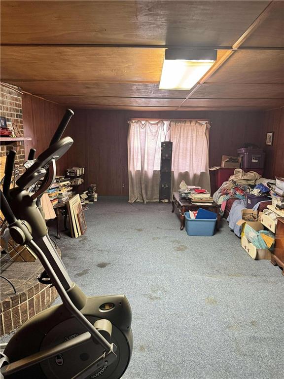 interior space with carpet flooring and wood walls