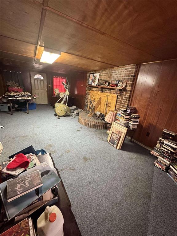 misc room featuring carpet flooring and wood walls