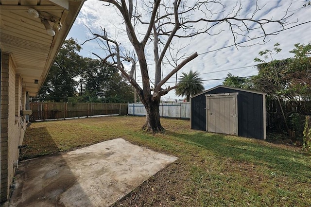 view of yard with a storage unit and a patio area