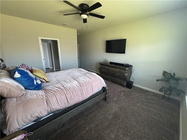 bedroom with visible vents, a ceiling fan, baseboards, and carpet floors