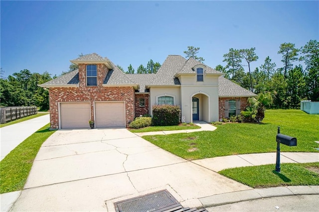 view of front of home with a front yard and a garage