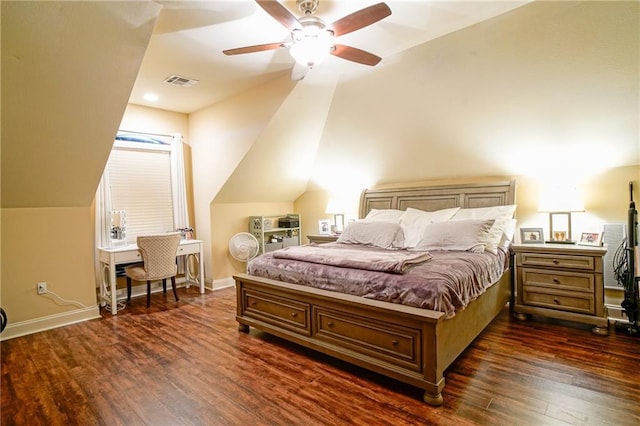 bedroom with dark hardwood / wood-style floors, ceiling fan, and lofted ceiling