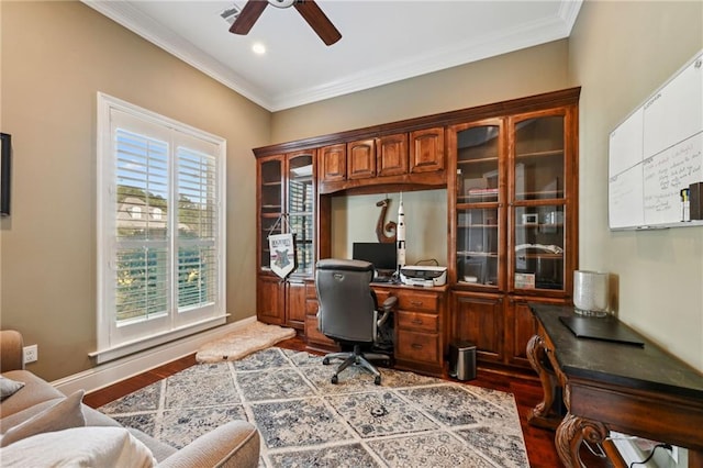 office space featuring hardwood / wood-style flooring, ornamental molding, and ceiling fan