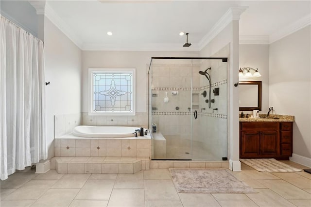 bathroom featuring tile patterned floors, plus walk in shower, vanity, and ornamental molding