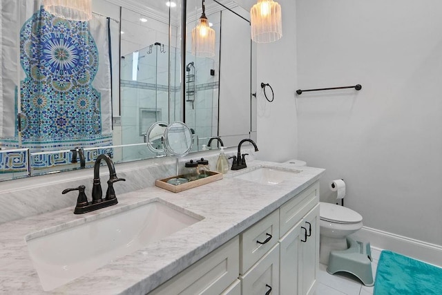 bathroom with toilet, vanity, tile patterned floors, and walk in shower