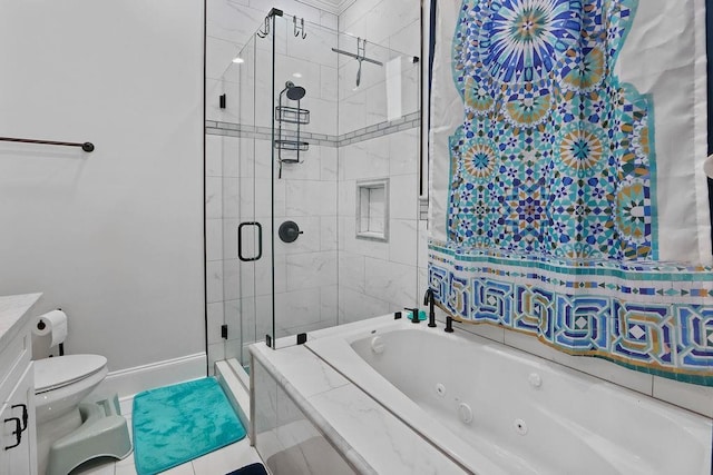 full bathroom featuring tile patterned floors, vanity, toilet, and plus walk in shower