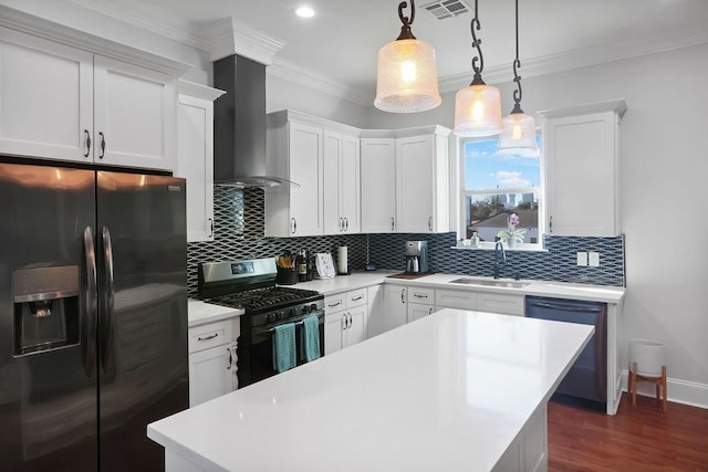 1519-21 N Villere St, New Orleans, LA 70116 - kitchen featuring refrigerator with ice dispenser, range with gas cooktop, wall chimney range hood, a center island, and dishwasher