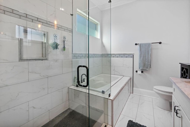 full bathroom featuring vanity, toilet, independent shower and bath, and crown molding