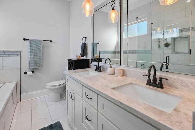 bathroom with crown molding, a shower with door, vanity, and toilet