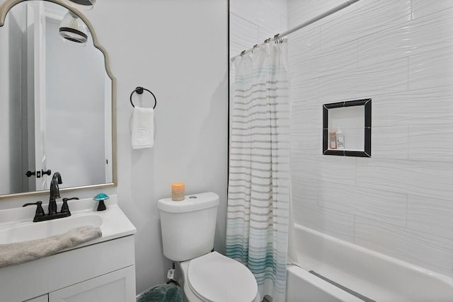 full bathroom with vanity, toilet, and shower / bathtub combination with curtain