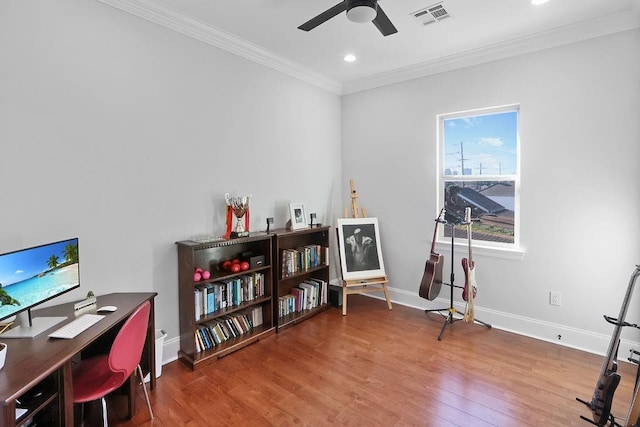 1519-21 N Villere St, New Orleans, LA 70116 - home office with wood finished floors, crown molding, ceiling fan, and recessed lighting
