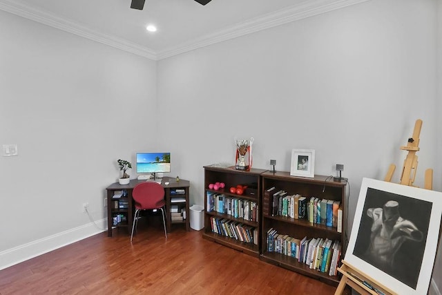 home office featuring ceiling fan, wood-type flooring, and ornamental molding