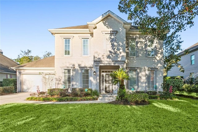 view of front of house with a garage and a front lawn