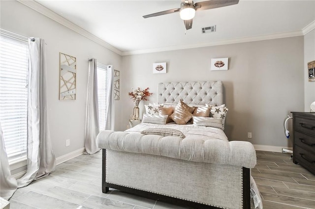 bedroom with light hardwood / wood-style flooring, ceiling fan, and ornamental molding