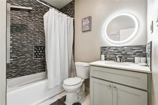 full bathroom with decorative backsplash, toilet, vanity, and shower / tub combo