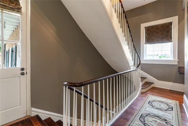 stairway with hardwood / wood-style floors