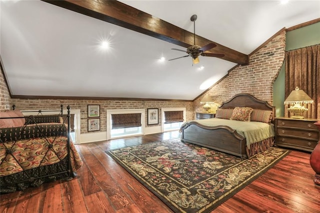 bedroom with lofted ceiling with beams, ceiling fan, brick wall, and wood-type flooring